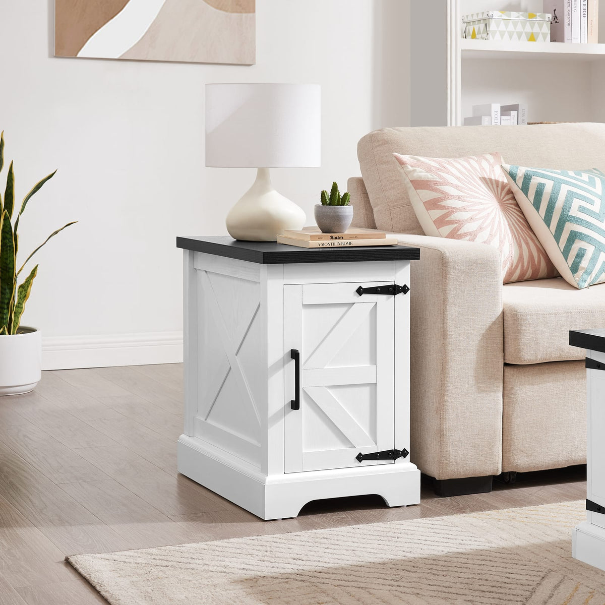 White+Black Farmhouse End Table - Nightstand with Storage