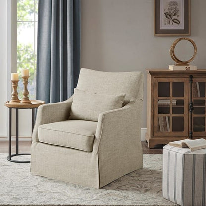 Skirted Swivel Chair Beige Wood - Comfortable Accent Chair