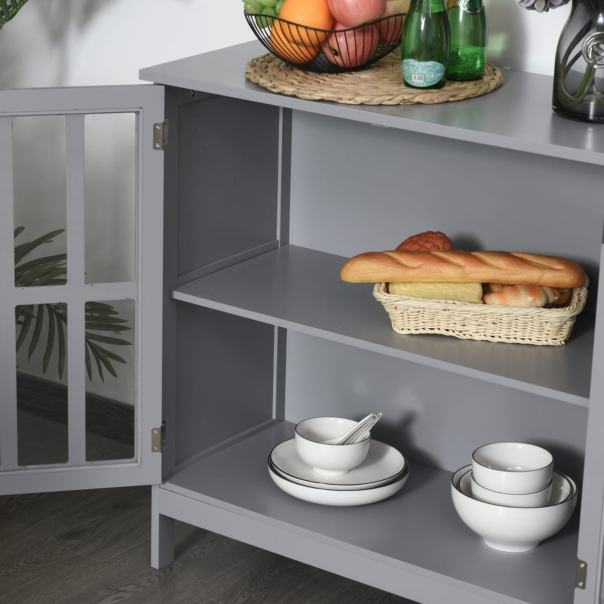 Grey MDF Buffet Cabinet - Kitchen Storage Sideboard