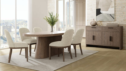 Oval Brown Solid Wood Dining Table with Sculpted Pedestal for Living Room