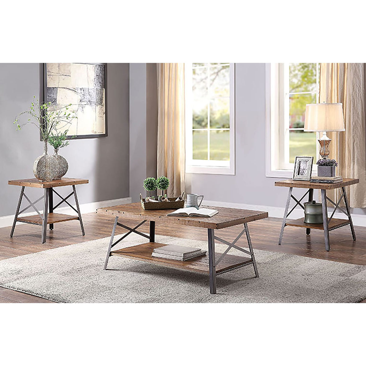 Rustic Oak Wood Storage Coffee Table with Metal Accents for Living Room