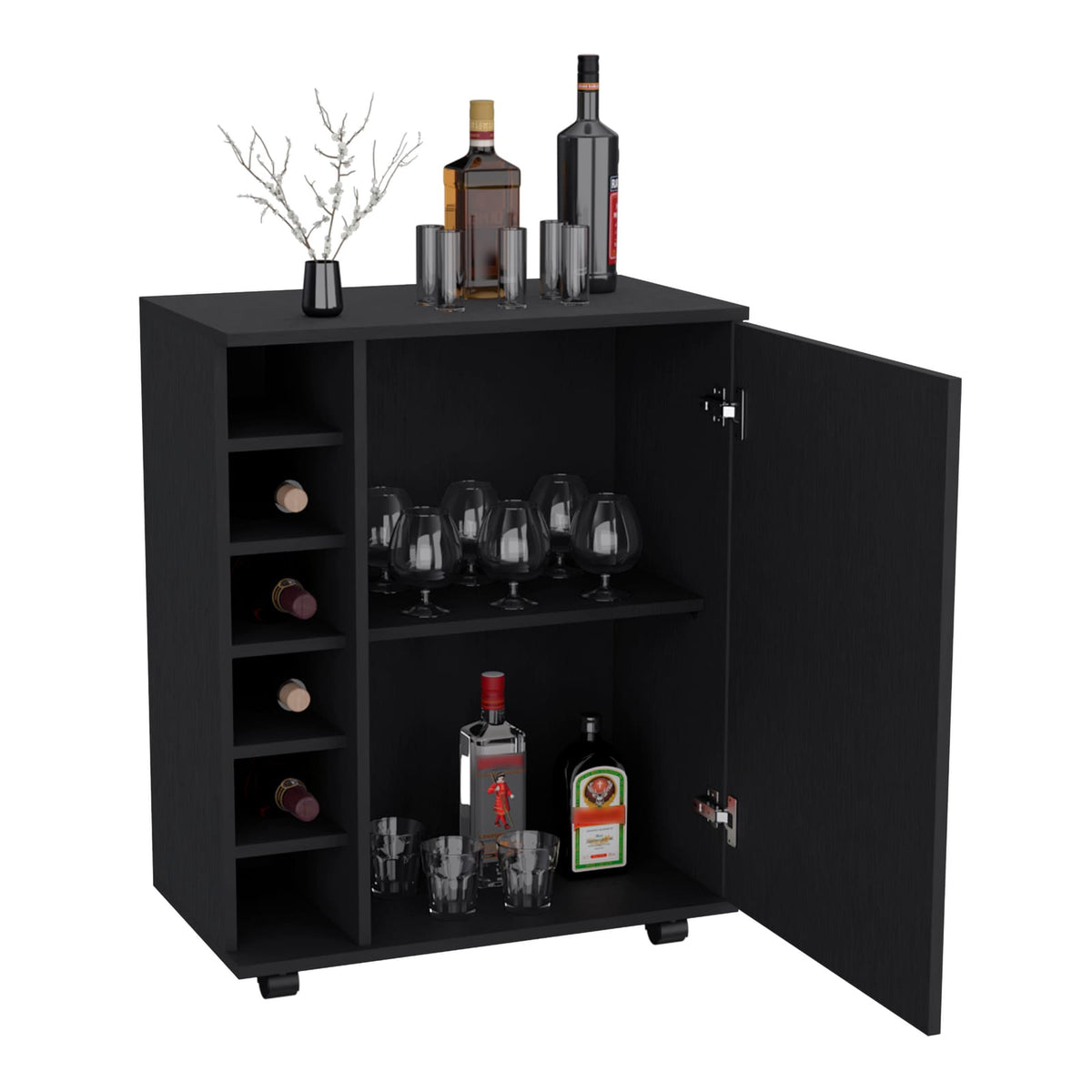 Black Modern Bar Cart with Wine Storage & Open Shelving