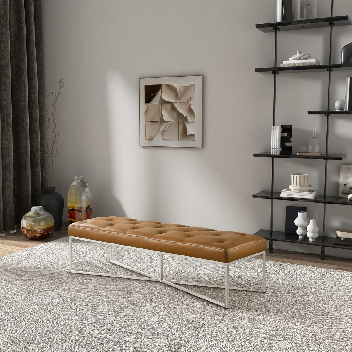 Harper Tan Leather Bench - Mid-Century Modern Style