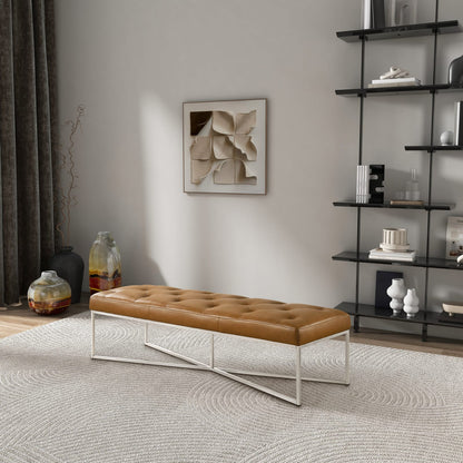 Harper Tan Leather Bench - Mid-Century Modern Style