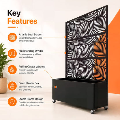 70.87" H Leaf Pattern Privacy Screen with Planter Box - Black Iron