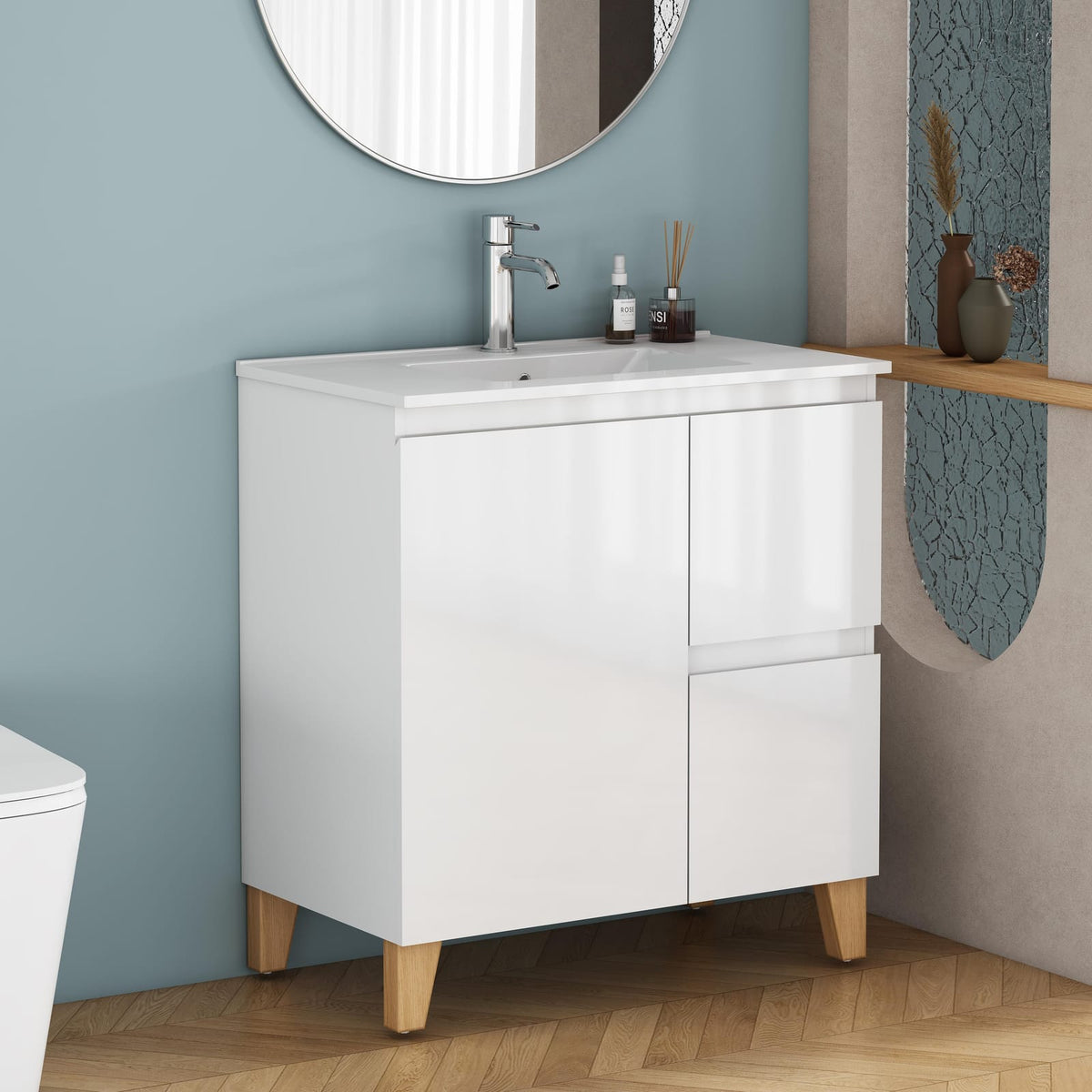 Small Bathroom Vanity for Renovation, Glossy White Particle Board