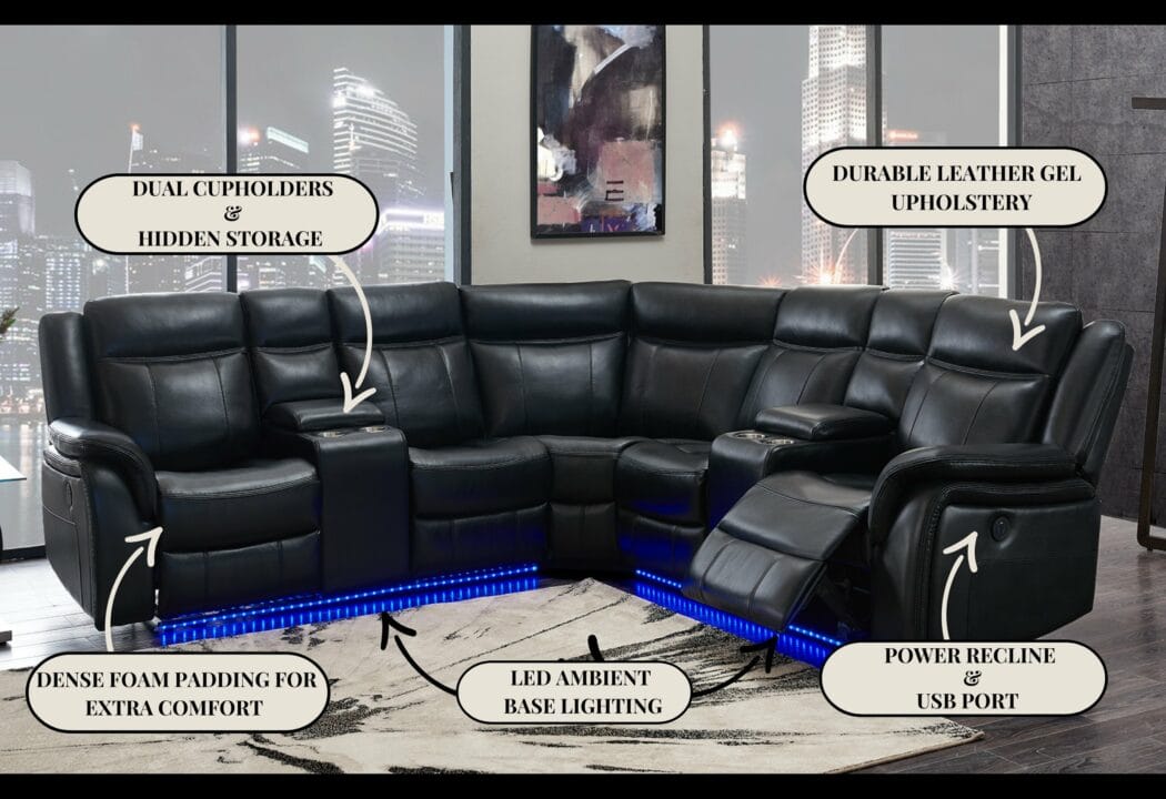 Living Room Black Faux Leather Curved Sectional Sofa with Blue LED Accent Lighting