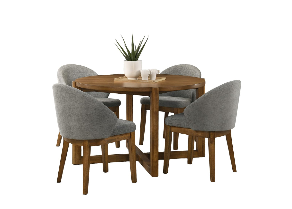 Walnut Round Dining Table Set - 5 Piece with Gray Chairs for Dining Room