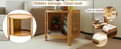 Antique Brown Round Coffee Table with Rattan & Storage for Living Room