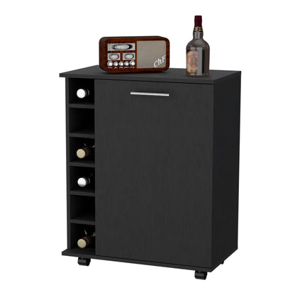 Rawlins Bar Cart - Black Engineered Wood, 6 Bottle Rack for Living Room