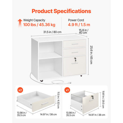 White Mobile File Cabinet - 3 Drawers, Storage Solutions for Home Office