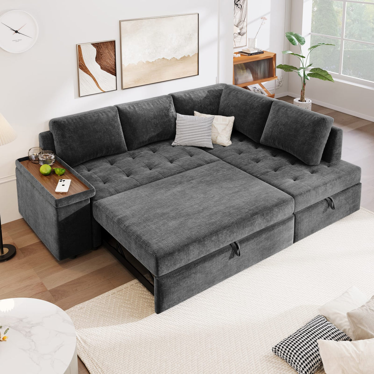 Grey Polyester Sofa Bed - 3 Seat Storage Sectional Sleeper for Living Room