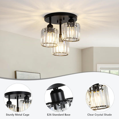 Black Crystal Flush Mount Ceiling Light - 3-Light Modern Fixture
