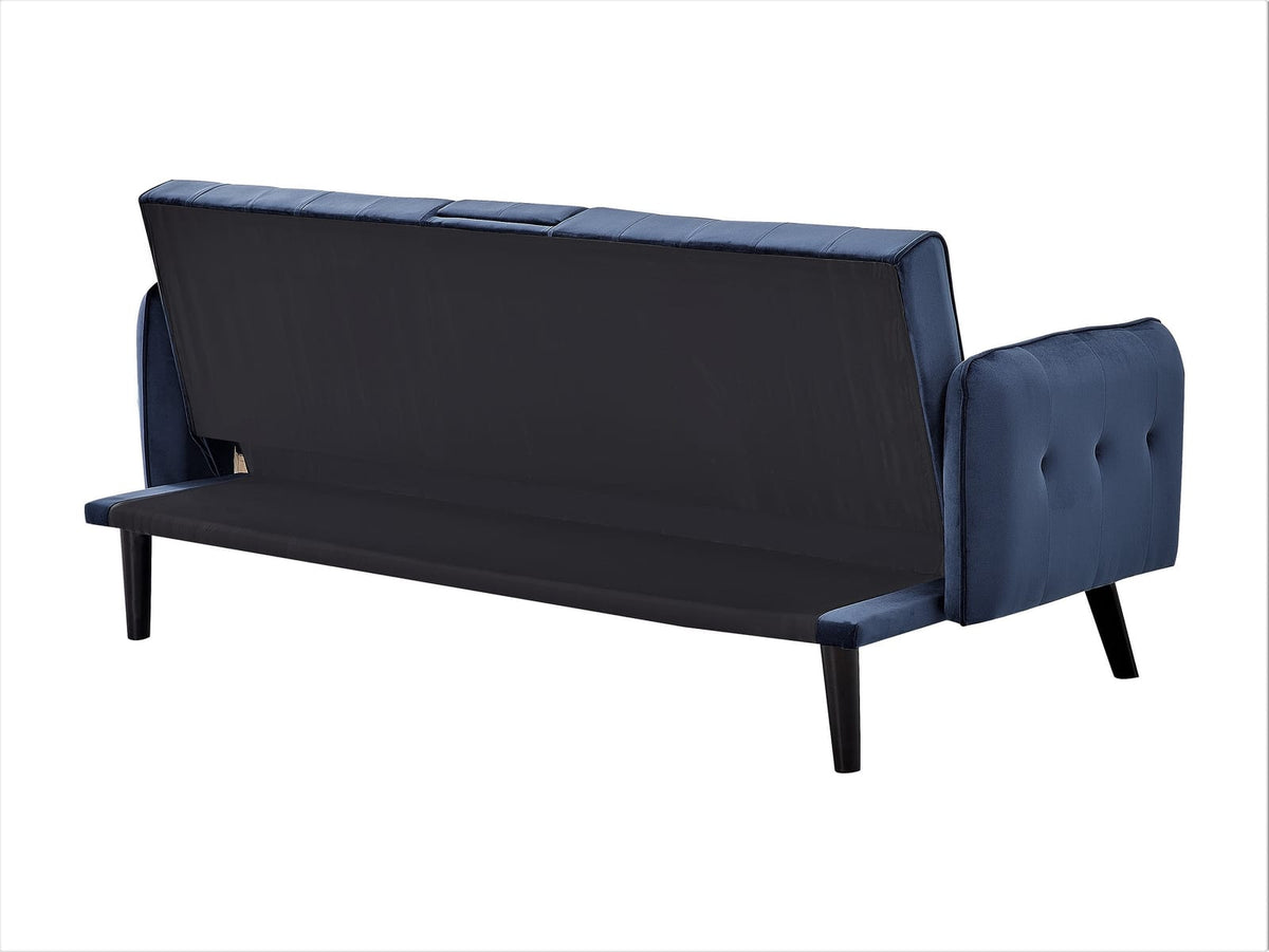 Blue Velvet Convertible Sofa Bed with Drop-Down Table for Guest Rooms for Living Room