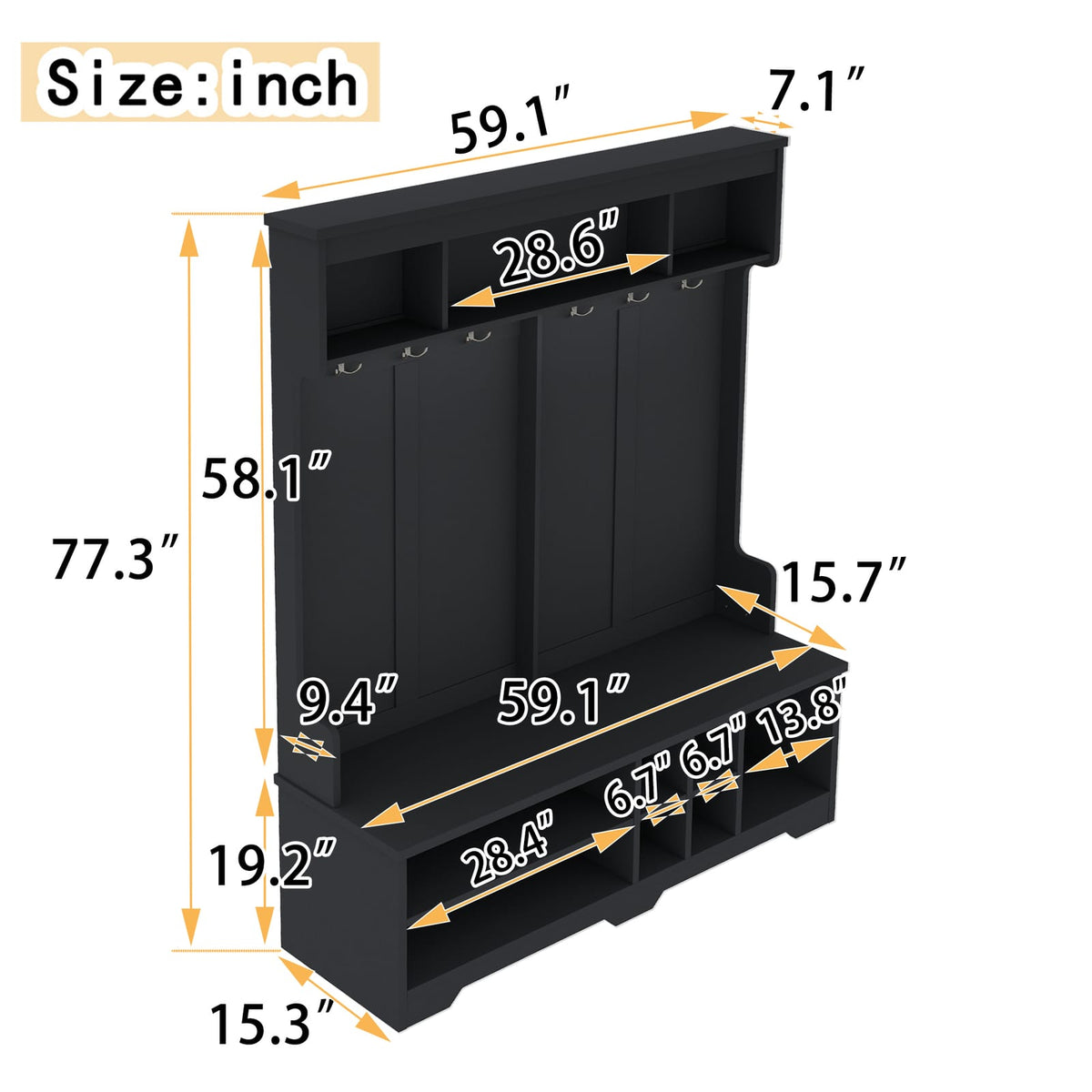 Black Hall Tree with Storage - 77.3" Entryway Coat Rack