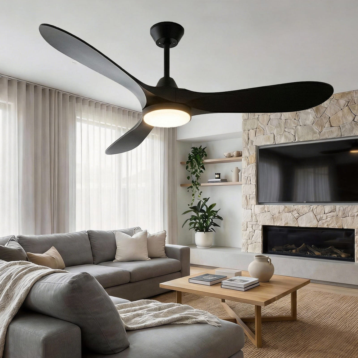 52 Inch Black Ceiling Fan with LED Light & Remote