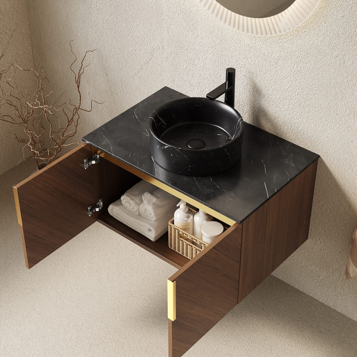 30 Inch Black and Brown Oak Bathroom Vanity with Sintered Stone Top