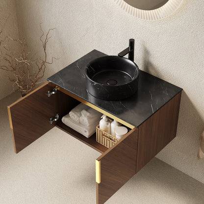 30 Inch Black and Brown Oak Bathroom Vanity with Sintered Stone Top