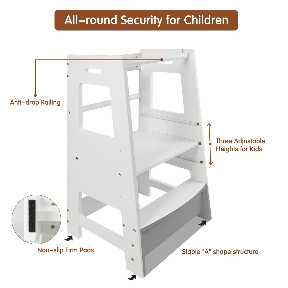 Adjustable Height Wooden Step Stool for Kids - White
