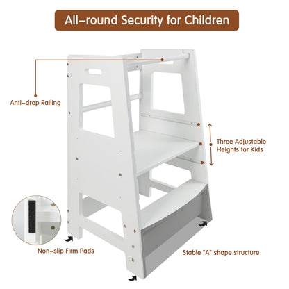 Adjustable Height Wooden Step Stool for Kids - White