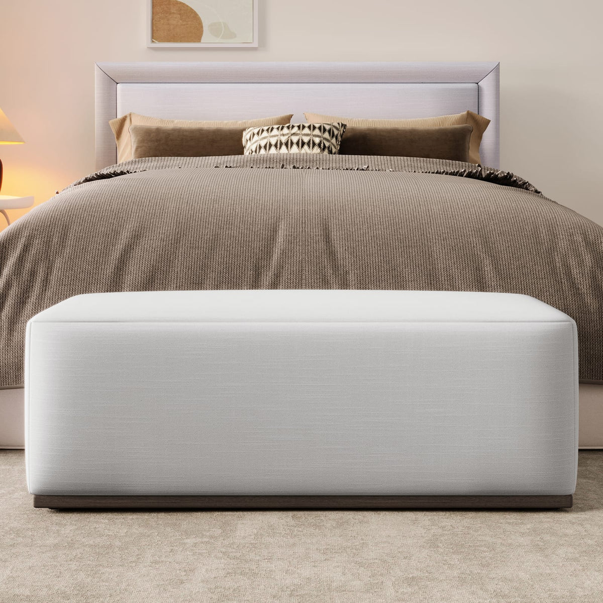 White Rectangle Ottoman - Wood Fabric Footstool