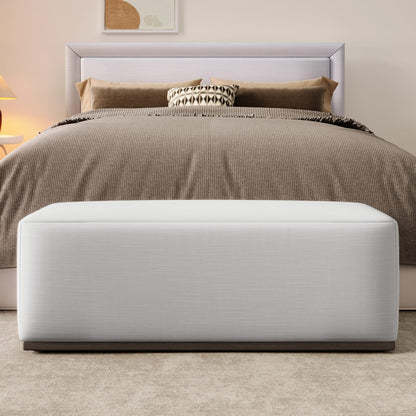 White Rectangle Ottoman - Wood Fabric Footstool
