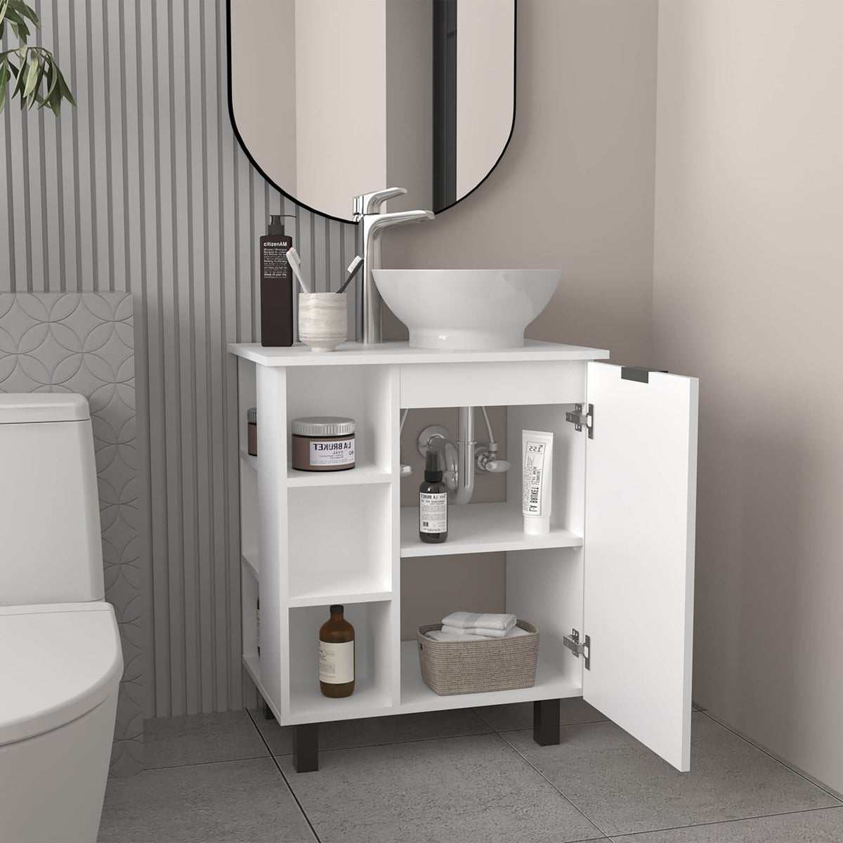 White Bathroom Vanity with Storage - MDF Vessel Sink