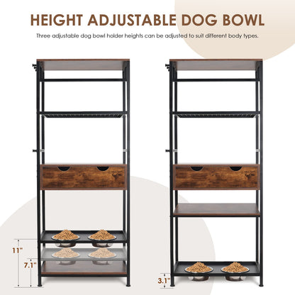 Dog Feeding Station - 3 Adjustable Bowls, Storage Shelves & Drawers