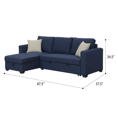 Navy L-Shaped Sectional Sofa with Sleeper & Storage for Living Room