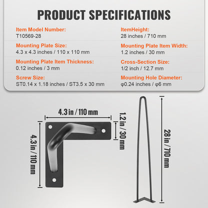 28" Metal Hairpin Table Legs - 500lbs Capacity, Black