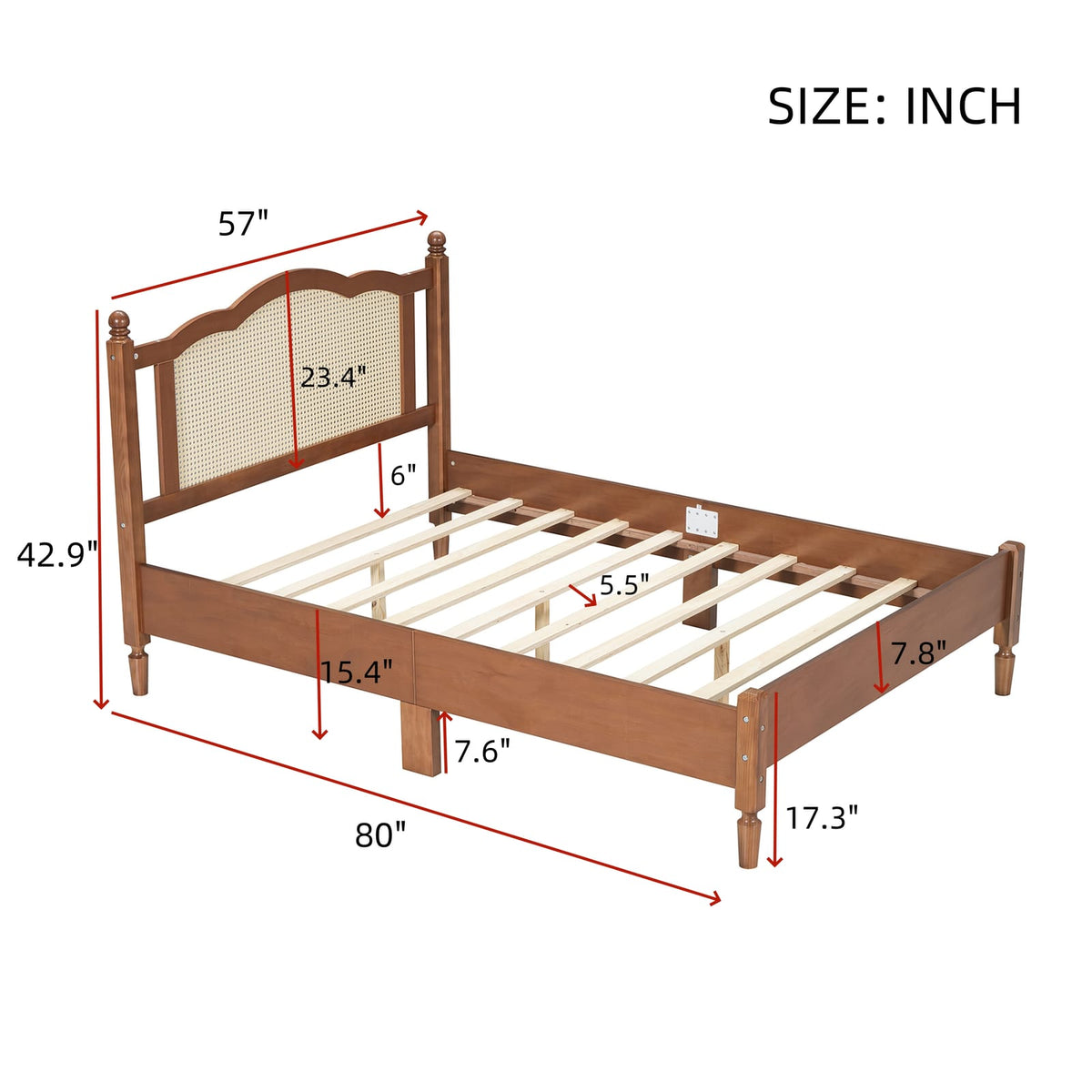 Full Size Walnut Rattan Bed Frame - No Box Spring Needed