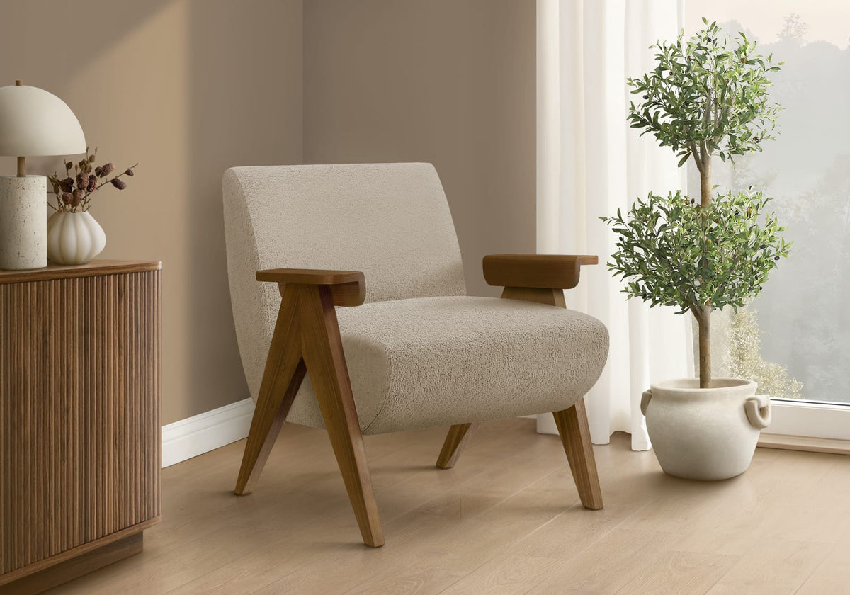 Accent Chair, Beige Fabric - 31"H Upholstered Accent Chair with Walnut Legs