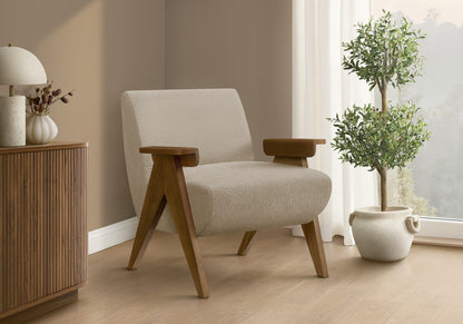 Accent Chair, Beige Fabric - 31"H Upholstered Accent Chair with Walnut Legs