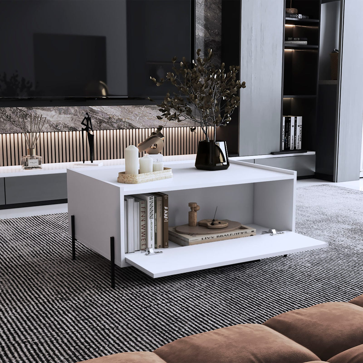 Modern White Engineered Wood Coffee Table with Storage Shelf for Living Room