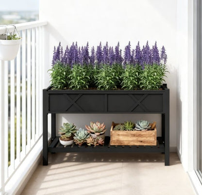 Black Wood Raised Planter Box with Storage Shelf