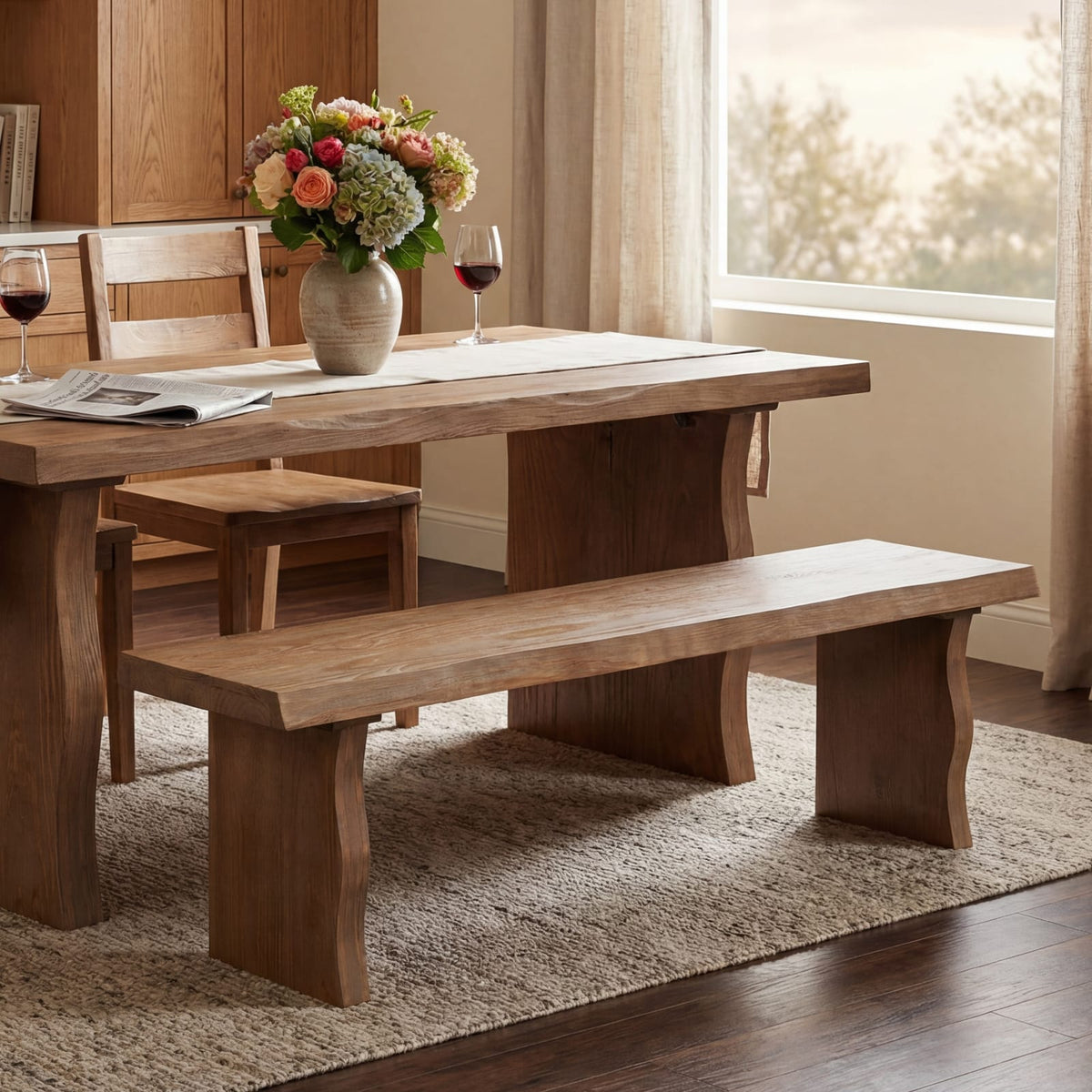Indoor Pine Dining Bench - 62.9"L Solid Wood Seating, 350lbs Capacity