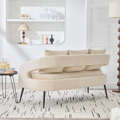 Beige Velvet Loveseat - Modern Open Back Sofa with Metal Legs for Living Room