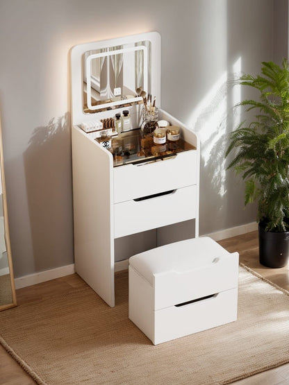 Modern White MDF+Glass Vanity Desk with Mirror and Storage for Bedroom