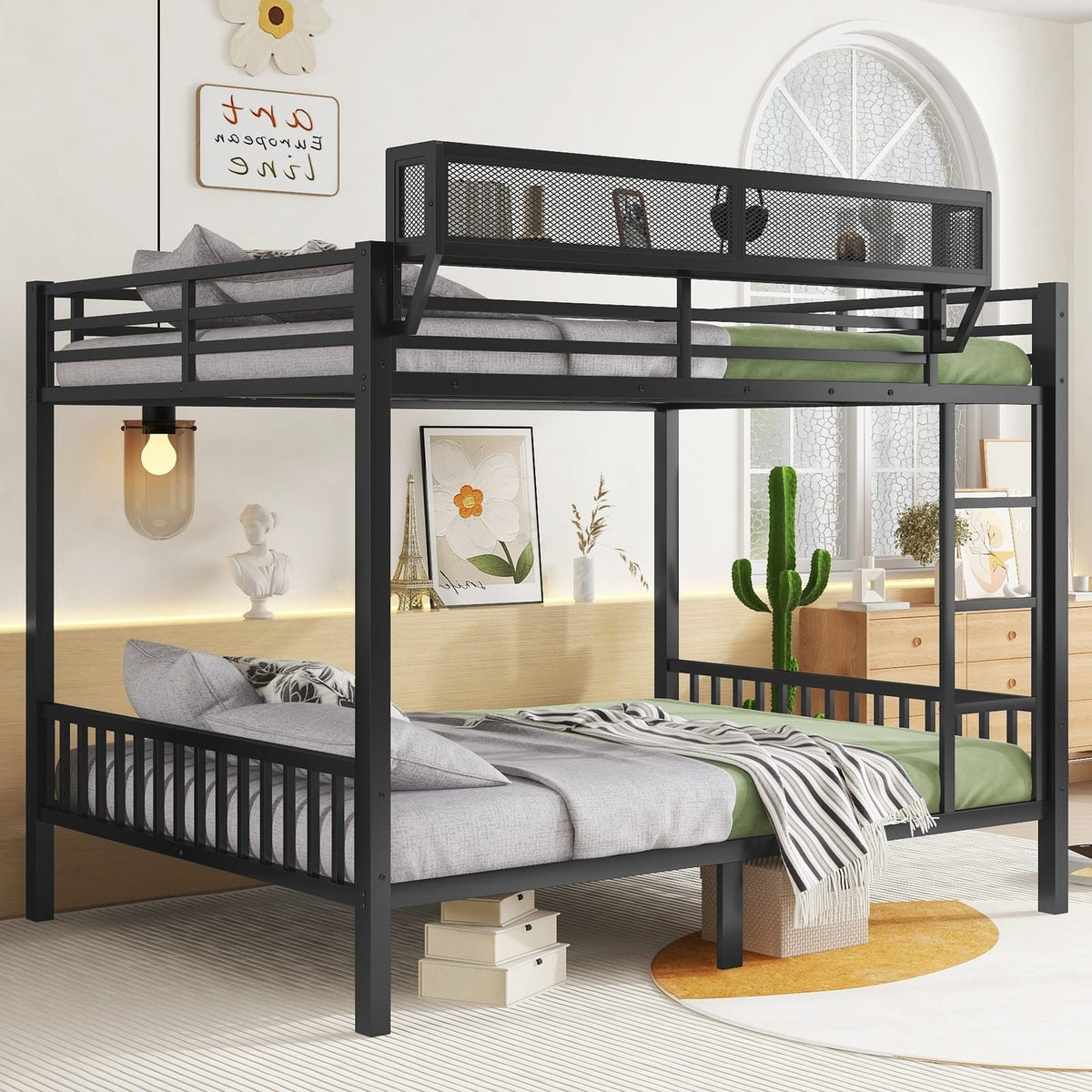 Queen Over Queen Metal Bunk Bed - Black Frame for Bedroom