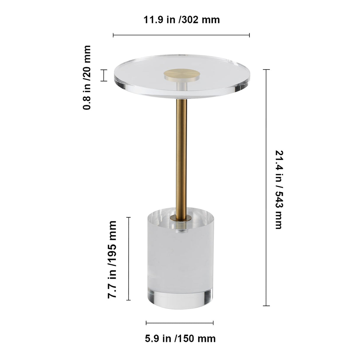 Clear Acrylic End Table - Gold & Clear, 11.9" Round for Living Room