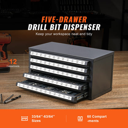 Drill Bit Organizer Cabinet - 5 Drawers Steel Gray Storage