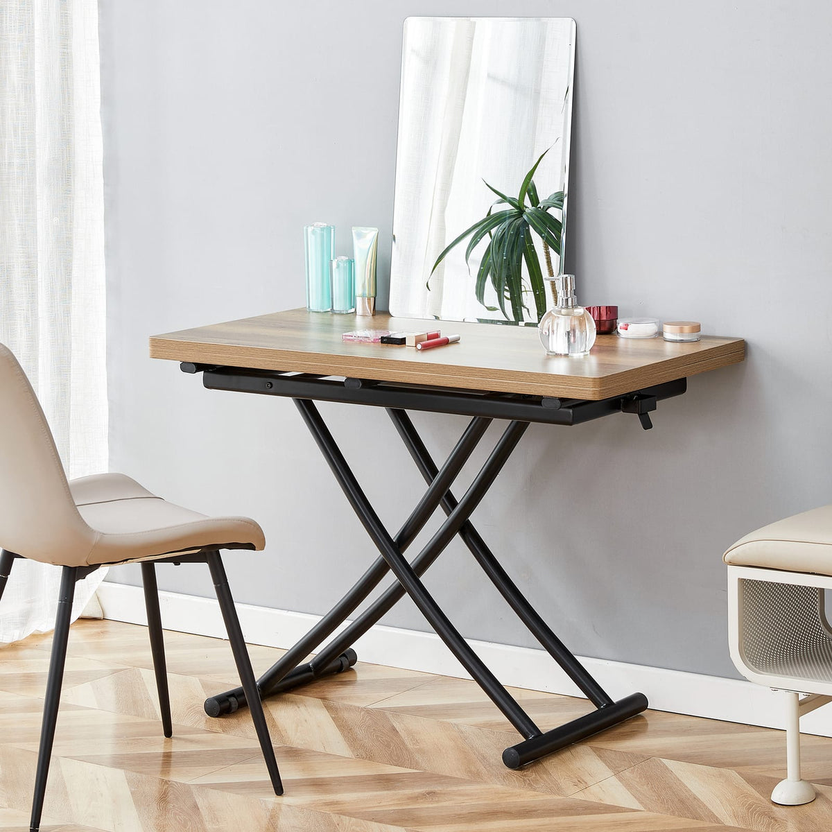 Adjustable Lift Table - Black & Natural Wood MDF for Living Room