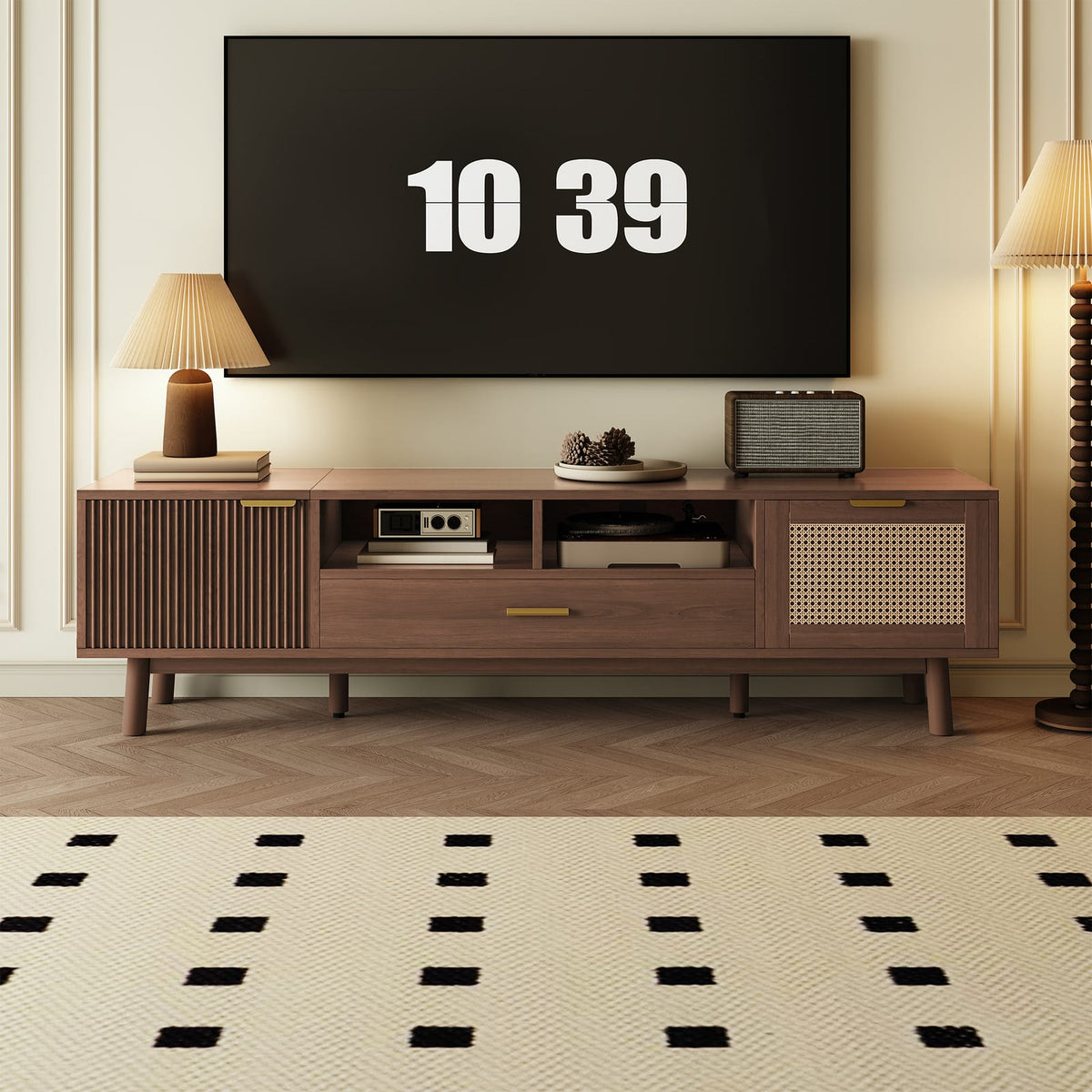 Dark Brown TV Stand with Storage - 75" TVs, Pine Wood