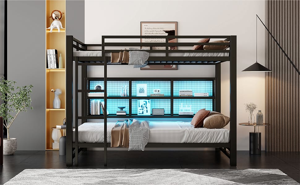 Queen Bunk Bed with Storage - Metal Black for Bedroom