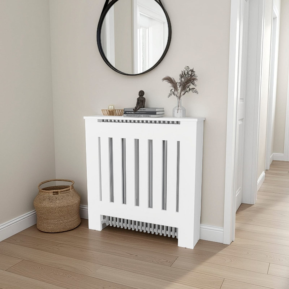 White Engineered Wood Radiator Cover Cabinet with Open Shelf Storage