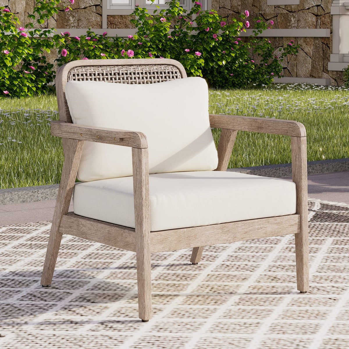 Light Brown Acacia Wood Patio Club Chair - Waterproof Cushions, Outdoor Seating