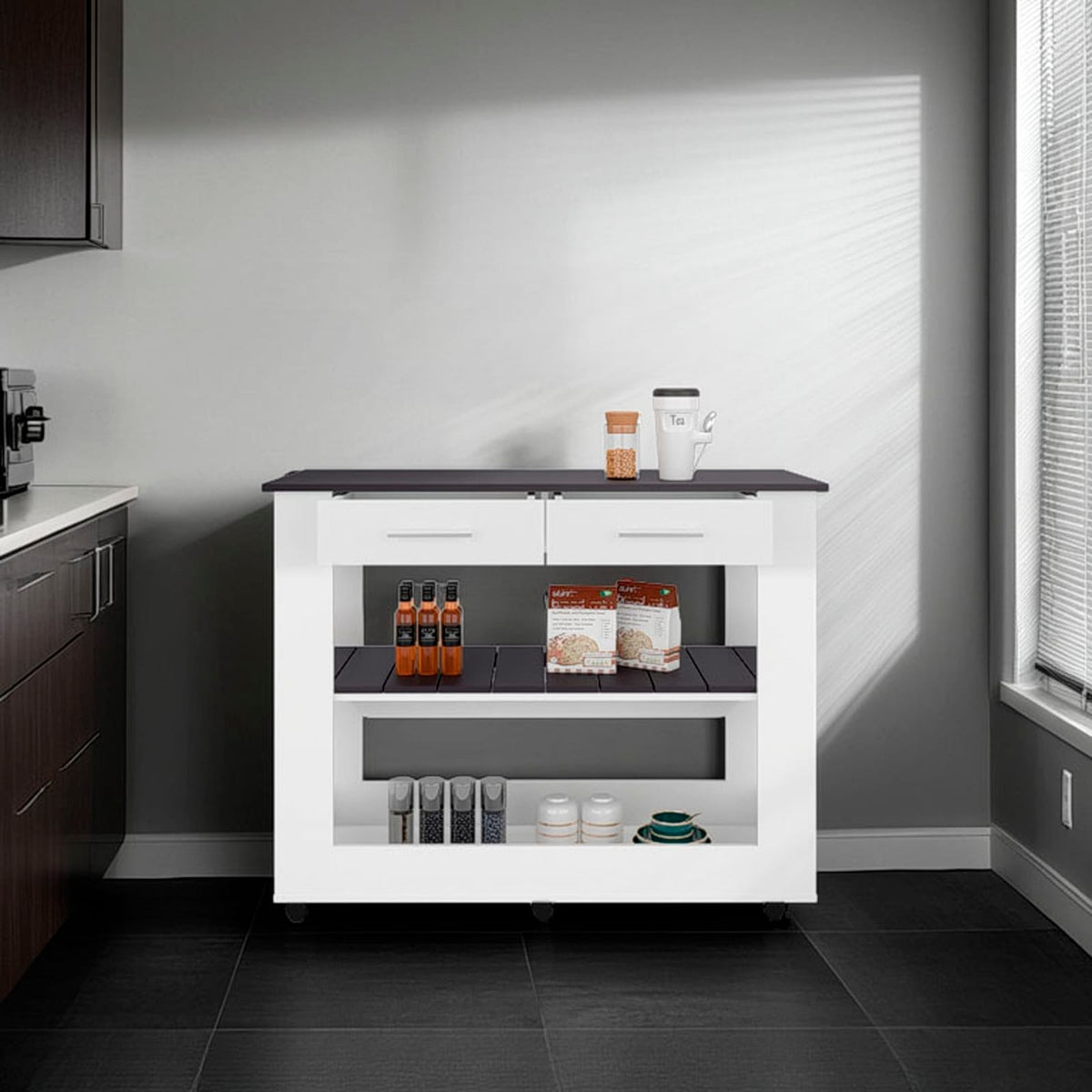 Rectangular White Kitchen Island with Storage