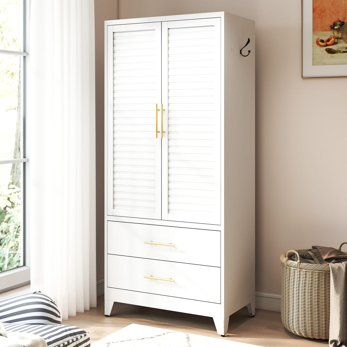 White Metal Wardrobe - Bedroom Storage Cabinet 71" Tall