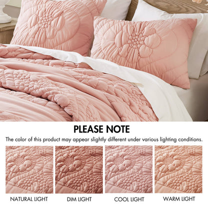 3-Piece Full/Queen Comforter Set, Pink - Soft Polyester Floral Quilt