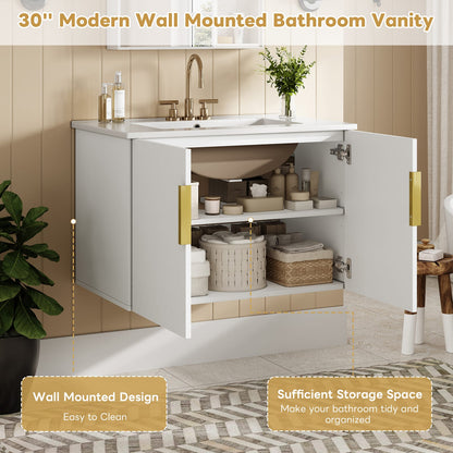 30" White Bathroom Vanity with Ceramic Sink - Storage Cabinet